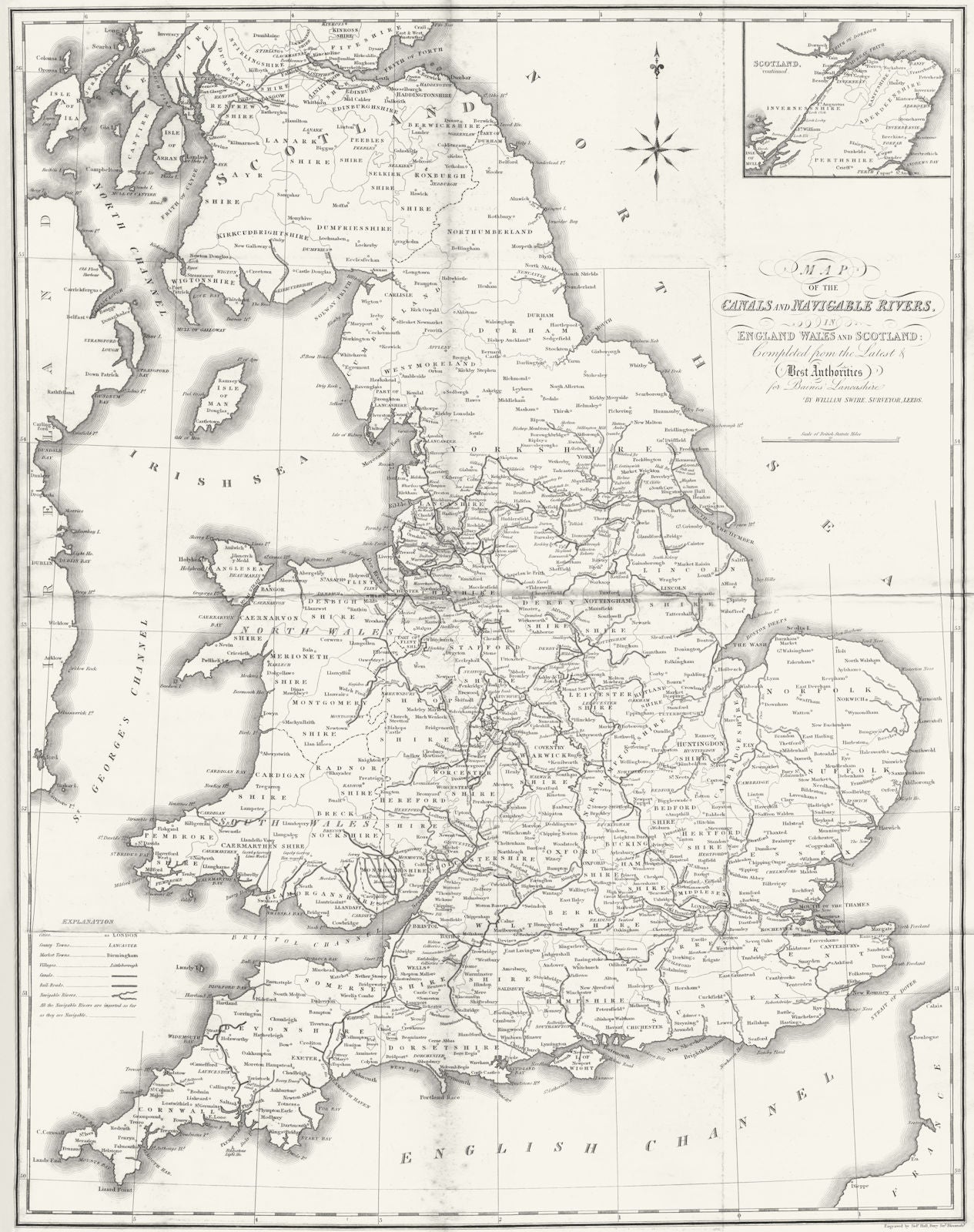 UK. Canals rivers; Baines Wm Wales Hall c1825 old antique map plan chart
